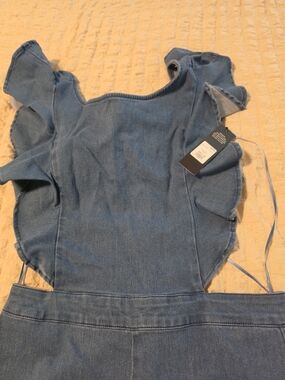 Fashion Nova Blue Denim Ruffle-Shoulder Overalls